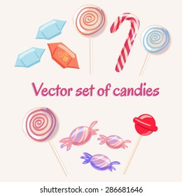 Set of vector sweets. Isolated icons of candies and lollipops in bright colors.