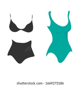 Set of vector swimsuits.  black retro swimsuit with high panties.  turquoise one piece swimsuit on a white background