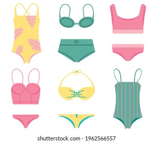 Conjunto de trajes vectores de baño y baúles de natación en colores rosa, amarillo y verde