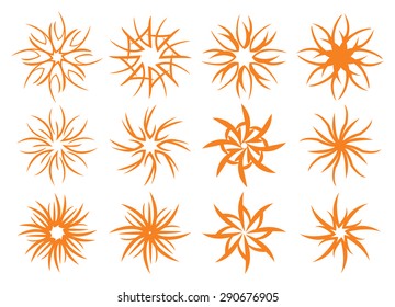 Set of vector swirl pattern design elements in orange inspired by dandelions and other natural whorl floral patterns isolated on white background.