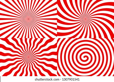 Set of vector swirl and radial backgrounds. Spiral stripes in retro pop art style