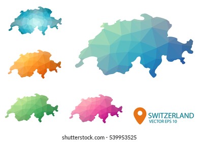 Set of vector Switzerland maps. Bright gradient map of country in low poly style. Multicolored country map in geometric style for your infographics. Vector illustration eps 10.