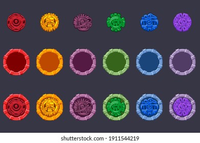 Set of vector symbol Aztecs Maya culture. Isolated round icons constructor of Mayan civilization.