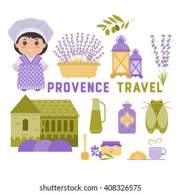 Set vector symbol design element Provence, France. Lavender, Lavender oil, cicada, olive oil, lantern. It can be used for travel cards, invitations, posters and other printed materials.