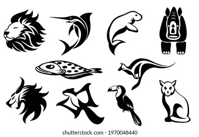 Set of vector symbol images of various animals such as lion sailfish manatee rhino Flounder kangaroo flying squirrel hornbill cat and demon Good use for symbol mascot icon avatar and logo