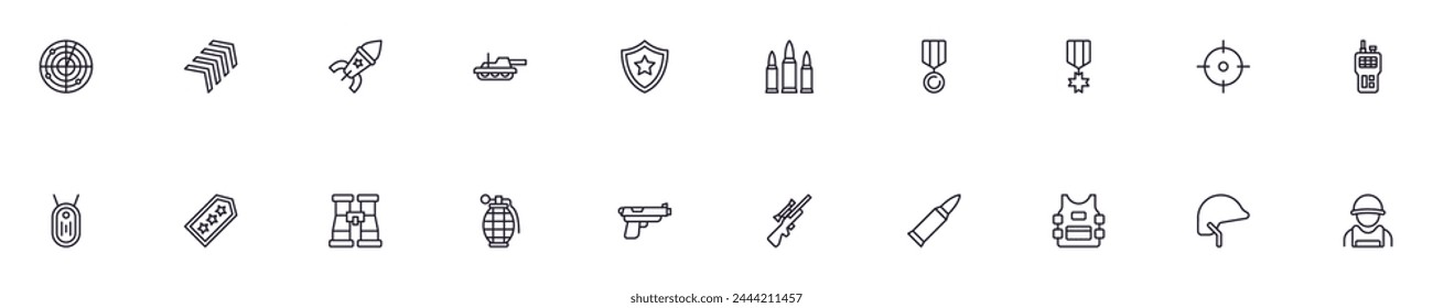 Set of vector symbols of army. Editable stroke. Simple outline signs that perfect for banners, infographics, web sites