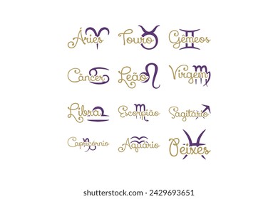Set Vector Symbols Astrology with Names on Brazil Portuguese White Background
