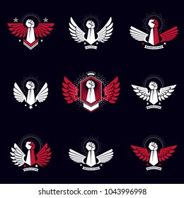 Set of vector symbols created with clenched fist of athletic man, eagle wings, pentagonal stars and different graphic elements. Best fighter vector emblems, champion concept.
