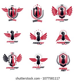 Set of vector symbols created with clenched fist of athletic man, eagle wings, pentagonal stars and different graphic elements. Best fighter vector emblems, champion concept.