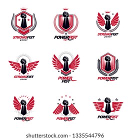 Set of vector symbols created with clenched fist of athletic man, eagle wings, pentagonal stars and different graphic elements. Best fighter vector emblems, champion concept.