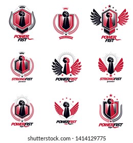 Set of vector symbols created with clenched fist of athletic man, eagle wings, pentagonal stars and different graphic elements. Best fighter vector emblems, champion concept.