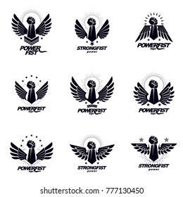 Set of vector symbols created with clenched fist of athletic man, eagle wings, pentagonal stars and different graphic elements. Best fighter vector emblems, champion concept.