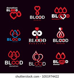 Set of vector symbols created on blood donation theme, blood transfusion and circulation metaphor. Medical care idea logotypes for use in medical care advertisement.