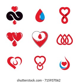 Set of vector symbols created on blood donation theme, blood transfusion and circulation metaphor. Medical care idea logotypes for use in medical care advertisement.