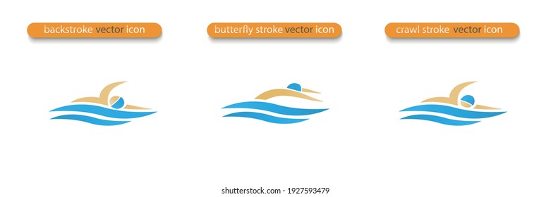 Set of Vector symbols depicting butterfly stroke, crawl stroke and back stroke swimmers. Swimming pool icon. Sports activity in water sign. Isolated in white background.