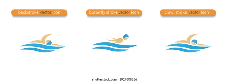 Set of Vector symbols depicting butterfly stroke, crawl stroke and back stroke swimmers. Swimming pool icon. Sports activity in water sign. Isolated in white background.