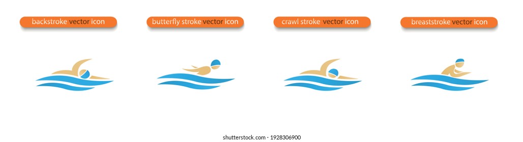 Set of Vector symbols depicting butterfly stroke, front crawl stroke, backstroke and breaststroke swimmers. Swimming pool icons. Sports activity in water sign. Isolated in white background.