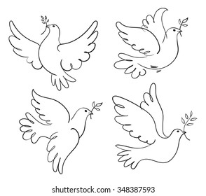 Set of vector symbols dove of peace. Black and white illustration