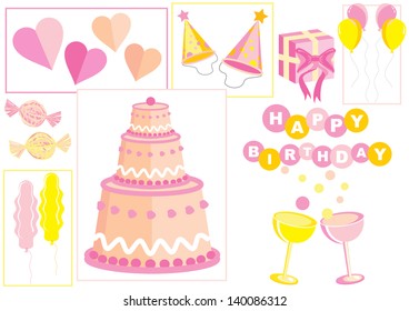 set of vector symbols, happy birthday concept