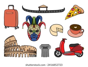 set vector symbols of Italy, sketch travel and tourism concept