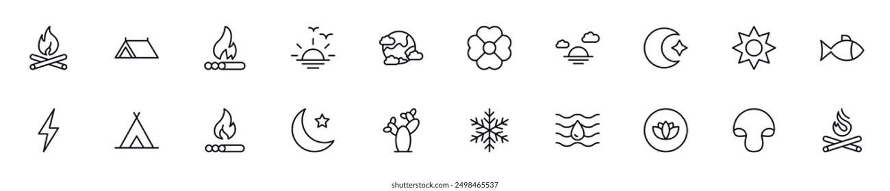 Set of vector symbols of nature. Editable stroke. Simple outline signs that perfect for banners, infographics, web sites