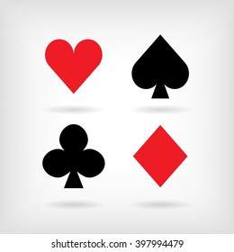 Set of vector symbols of playing cards suit with shadows. Vector illustration