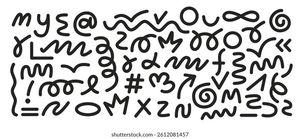 Set of vector symbols, squiggles, abstract scribbles in form of waves, zigzags, check marks, crosses, zeros, curls on margins of school children's notebook, hand-drawn.