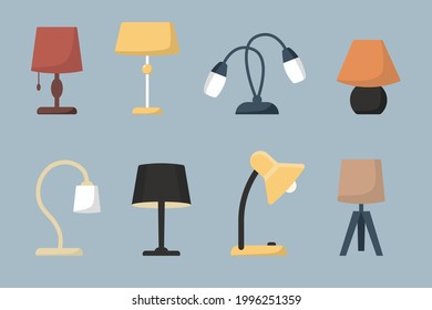 Set of vector table lamp. Collection os flat desk lamp. Vector flat lamp.