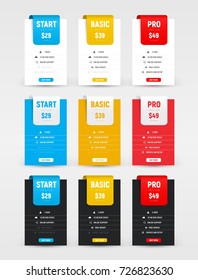 set of vector tables of prices of white, black and multi-colored with ribbons. Design templates for the website and business.