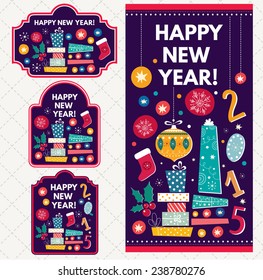 Set of vector tags and labels. Happy New Year illustration with gift boxes