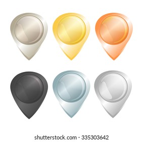 Set of vector tags on the map of gold, platinum, silver, copper, aluminum and black diamond