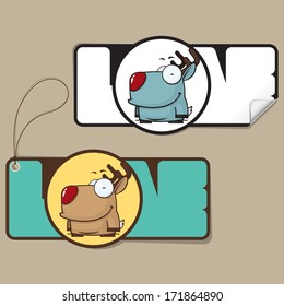 Set of vector tags and stickers with cartoon deer character.