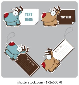 Set of vector tags and stickers with cartoon deer character.