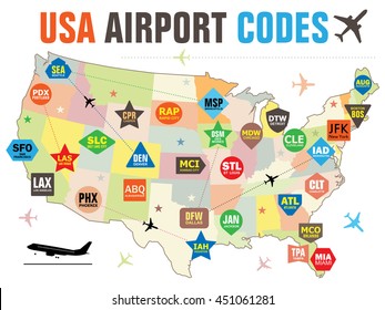 Set of Vector Tags with USA Airport Codes. Vector Illustration for Travelers: Famous American Airport Abbreviations on the Map