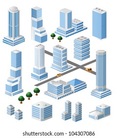 Set of vector tall buildings in shades of blue on a white background