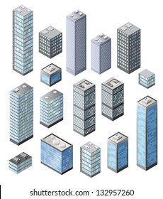 Set of vector tall buildings in shades of blue on a white background