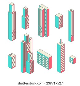 Set of vector tall buildings in shades on a white background