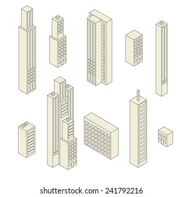 Set of vector tall buildings in shades on a white background