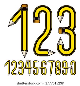 Set of vector tall numbers created using stationery design, constructed with pencils, for use in reporting and journalism.