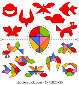 Set of vector tangram Egg (geometric puzzle) for the development of logical thinking of children and adults. Collection of 7 animals shapes and answer card. Vector illustration