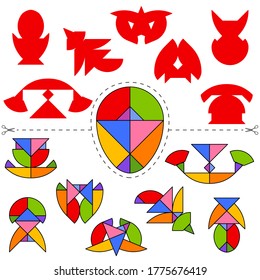 Set of vector tangram Egg (geometric puzzle) for the development of logical thinking of children and adults. Collection of 7 figures of objects and answer card. Vector illustration