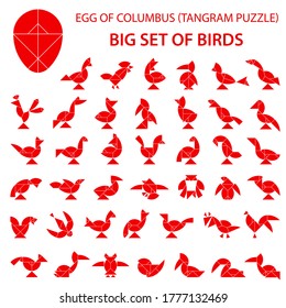 Set of vector tangram Egg (geometric puzzle) for the development of logical thinking of children and adults. Collection of 41 monochrome shapes of birds. Vector illustration