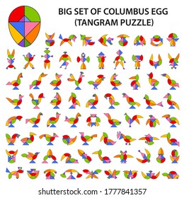 Set of vector tangram Egg (geometric puzzle) for the development of logical thinking of children and adults. Collection of 73 color shapes of various objects. Vector illustration