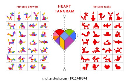 Set of vector tangram heart puzzles (geometric puzzle) for development of logical thinking. Collection consists of 29 items of animals and vehicles. Cards with tasks and answers. Vector illustration