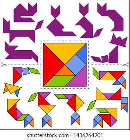 Set of vector tangram puzzles (geometric puzzle) for the development of logical thinking of children and adults. Collection of 7 cats shapes and answer card. Vector illustration