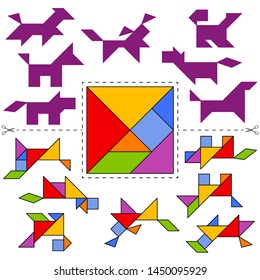 Set of vector tangram puzzles (geometric puzzle) for the development of logical thinking of children and adults. Collection of 7 dog shapes and answer card. Vector illustration