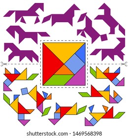 Set of vector tangram puzzles (geometric puzzle) for the development of logical thinking of children and adults. Collection of 7 horses shapes and answer card. Vector illustration