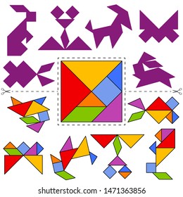 Set of vector tangram puzzles (geometric puzzle) for the development of logical thinking of children and adults. Collection of 6 animal shapes and answer card. Vector illustration