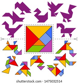 Set of vector tangram puzzles (geometric puzzle) for the development of logical thinking of children and adults. Collection of 7 birds shapes and answer card. Vector illustration