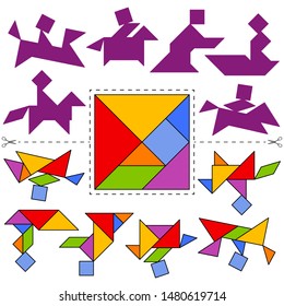 Set of vector tangram puzzles (geometric puzzle) for the development of logical thinking of children. Collection of 7 people riding a horse and sailing a boat. Answer card. Vector illustration